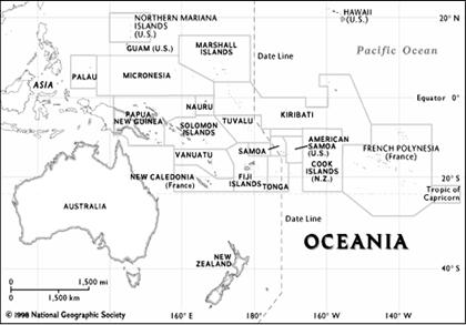 Figure 1: Oceania map. The South Pacific Island region comprises of 22 